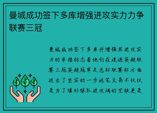 曼城成功签下多库增强进攻实力力争联赛三冠